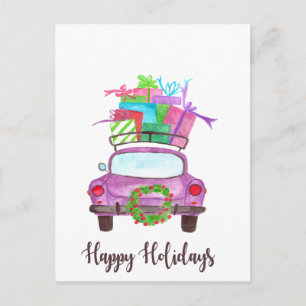 Happy Holidays Classic Car Watercolor Postcard