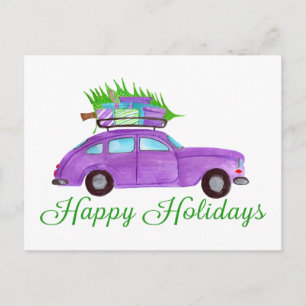 Happy Holidays Classic Car Watercolor Postcard