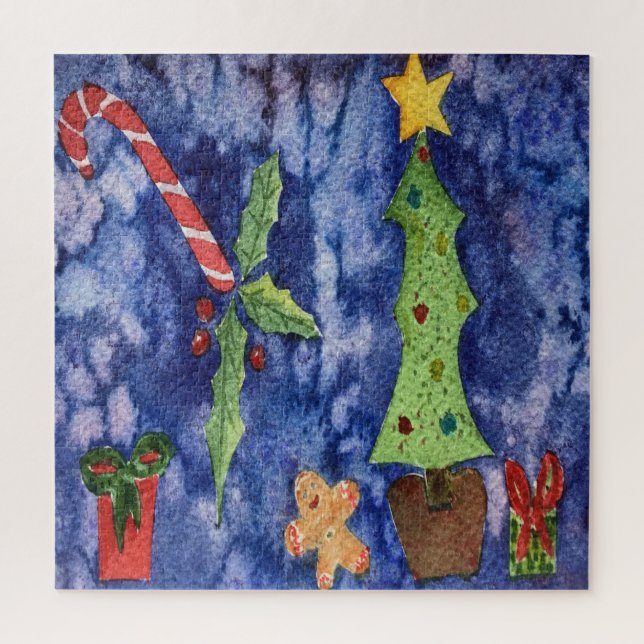 Happy Holidays Classic Christmas Icons Watercolor Jigsaw Puzzle (Vertical)
