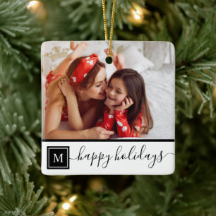 Happy Holidays Classic White Photo Custom Monogram Ceramic Ornament
