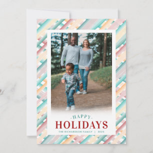 Happy Holidays Colourful Diagonal Stripes Photo Holiday Card