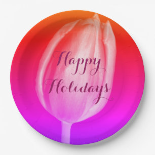 Happy Holidays Colourful Flower Artistic Tulips Paper Plate
