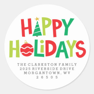 Happy holidays colourful illustrated address classic round sticker