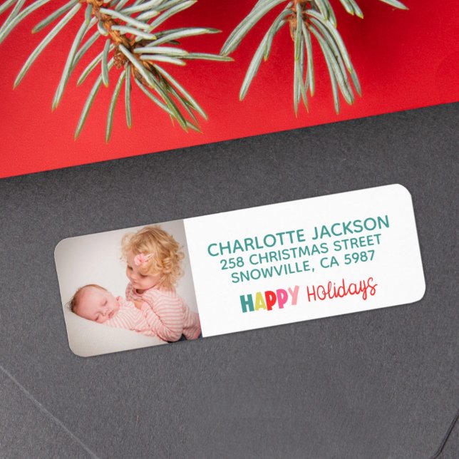 Happy Holidays colourful photo return address Label (Creator Uploaded)