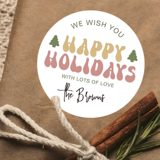 Happy Holidays Colourful Retro Your Name Christmas Classic Round Sticker (Add a bit of nostalgia to your gift wrapping with this retro colorful Happy Holidays sticker)