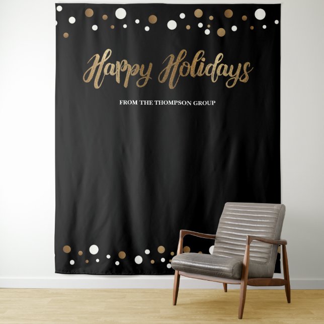 Happy Holidays Company Christmas Gold backdrop Tapestry (In Situ)