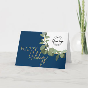 Happy Holidays Company Logo Gold Blue Custom Holiday Card