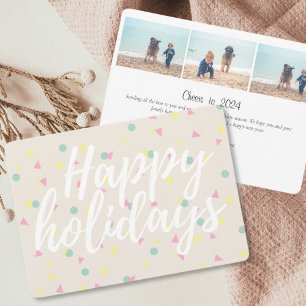 Happy Holidays Confetti Script Cream 3 Photo Holiday Card