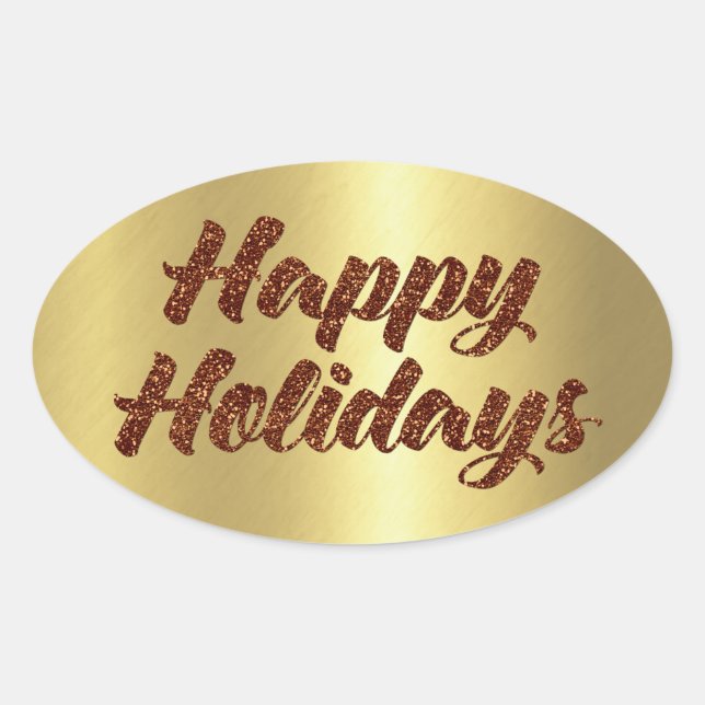 Happy Holidays Copper Glitter on Gold Oval Sticker (Front)