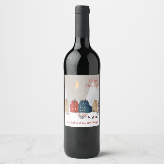 Happy Holidays Country Primitive Village Winter   Wine Label (Front)
