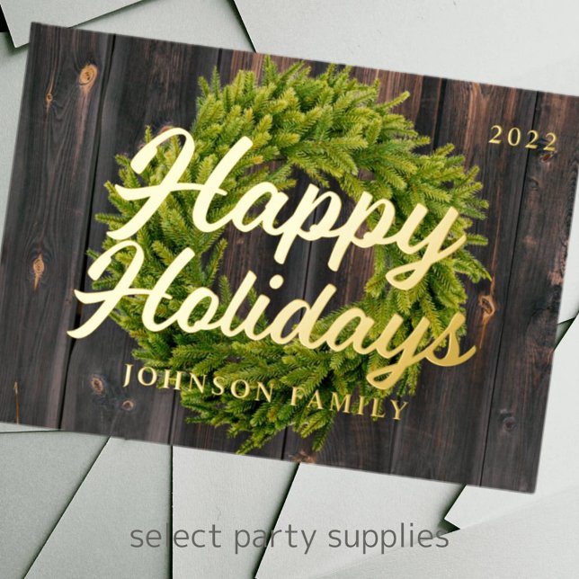 Happy Holidays Country Rustic Pine Wreath Wood Foil Holiday Card (Creator Uploaded)