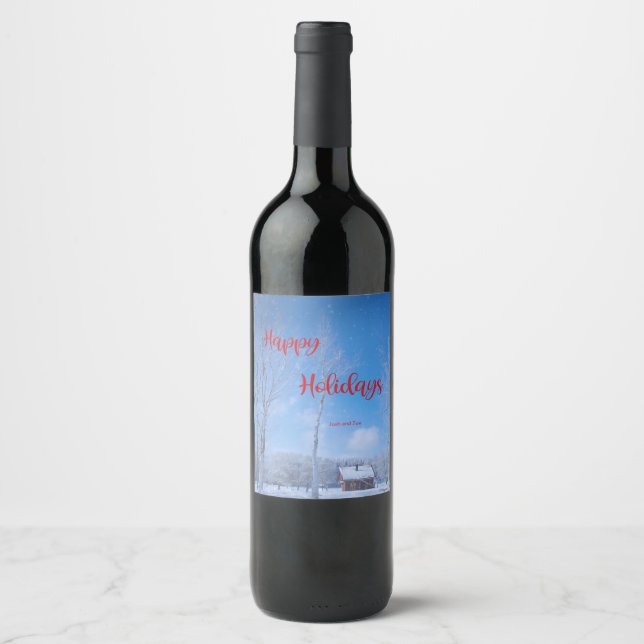 Happy Holidays Country Snowy Cabin Festive Wine Label (Front)