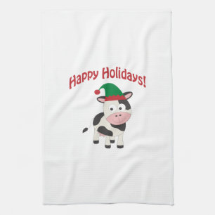 Happy Holidays! Cow Elf Tea Towel