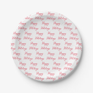 Happy Holidays Cursive Script Red and White Paper Plate