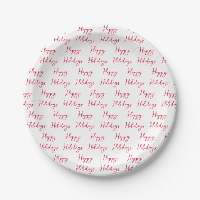 Happy Holidays Cursive Script Red and White Paper Plate (Front)