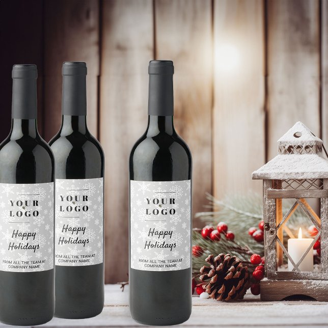 Happy Holidays Custom Business Logo Snowflake Wine Label (Logo branded christmas wine bottle labels by Busy Business Bee)