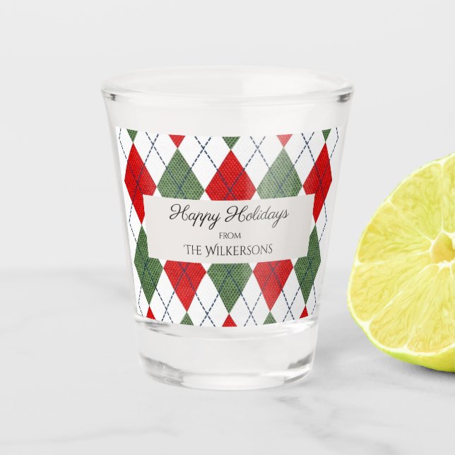 Happy Holidays Custom Christmas Argyle Pattern Shot Glass (Front)