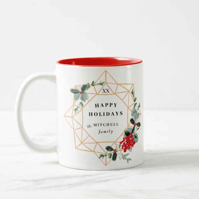 Happy Holidays Custom Message Christmas Wreath Two-Tone Coffee Mug (Left)