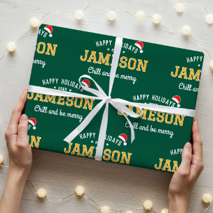 Happy Holidays Custom Name Christmas Green Gold Wrapping Paper