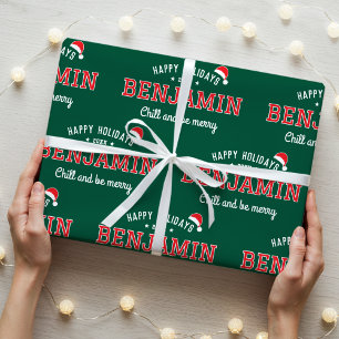 Happy Holidays Custom Name Christmas Green Red Wrapping Paper