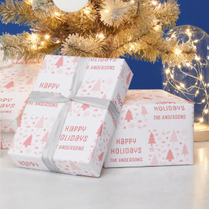 Happy Holidays Custom Name Christmas Pink Wrapping Paper