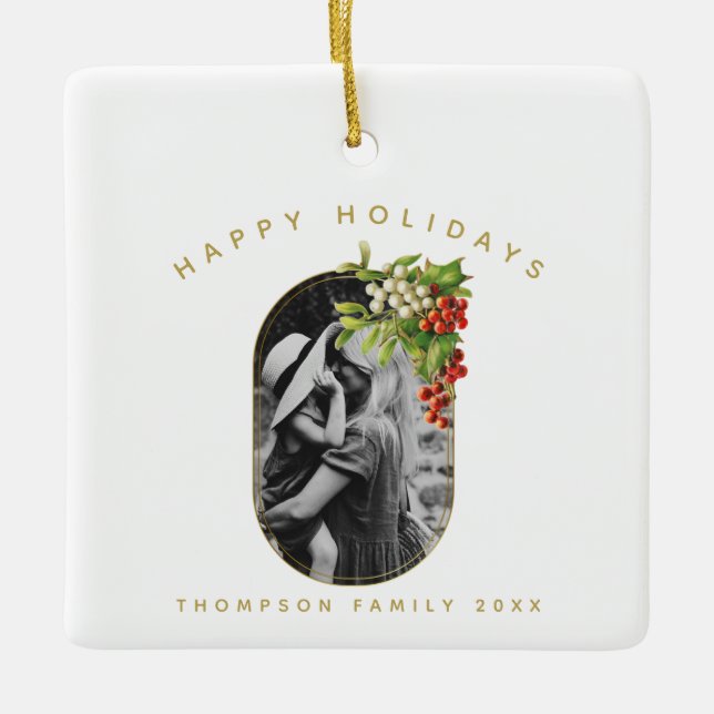 Happy Holidays Custom Photo Family Christmas Ceramic Ornament (Front)