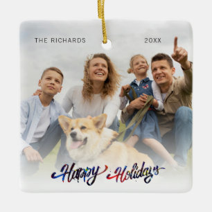 Happy Holidays Custom Photo Green Christmas Ceramic Ornament
