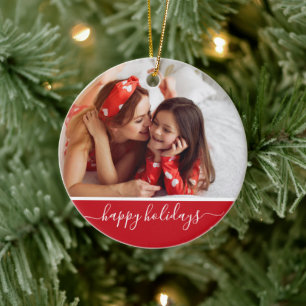 Happy Holidays Custom Photo Modern Red Monogram Ceramic Ornament