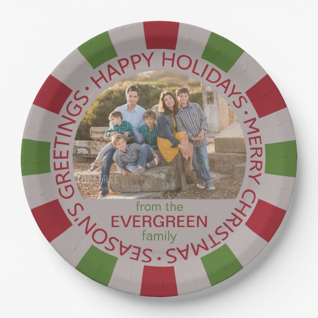 Happy Holidays custom photo & name paper plates (Front)