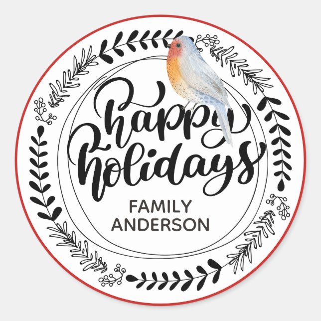 HAPPY HOLIDAYS CUSTOM Winter / Christmas Robin Classic Round Sticker (Front)