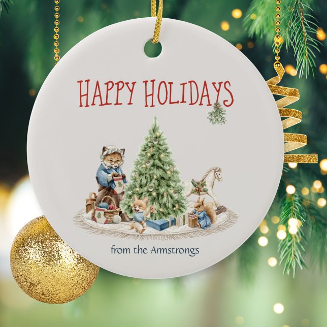 Happy Holidays Cute Animals Woodland Vintage Ceramic Ornament (Happy Holidays Cute Animals Woodland Vintage Ceramic Ornament ©Susanne Sachers - Sunny Mind 🌞)
