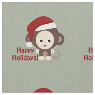 Happy Holidays! Cute Baby Monkey Wearing Santa Hat Fabric