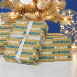 Happy Holidays | Cute Blue and Gold Text Pattern Wrapping Paper<br><div class="desc">Wrap your gifts in style with this festive wrapping paper featuring the phrase "Happy Holidays" in vibrant turquoise blue retro typography against a rich gold yellow background. The bold colour combination and nostalgic design add a cheerful and stylish touch to your holiday presents, making them stand out under the tree....</div>