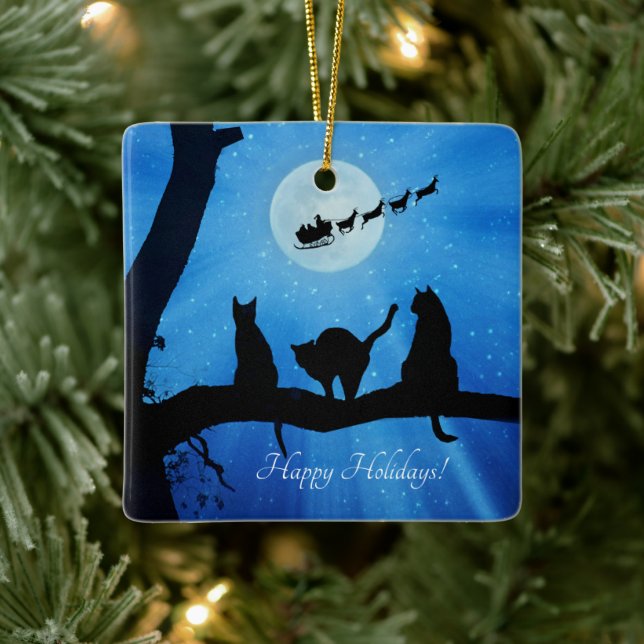 Happy Holidays Cute Cat and Santa Ceramic Ornament (Tree)