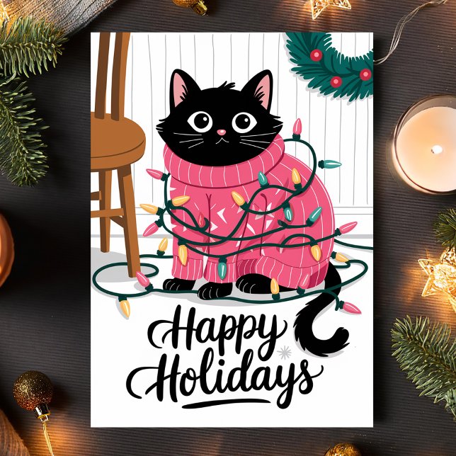 Happy Holidays Cute Cat Wrapped In Lights  Holiday Card (Creator Uploaded)
