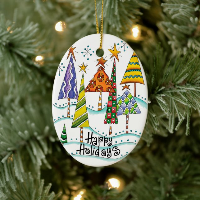 Happy Holidays! Cute Christmas Trees with Stars Ceramic Ornament (Tree)