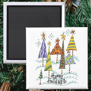 Happy Holidays! Cute Christmas Trees with Stars Magnet