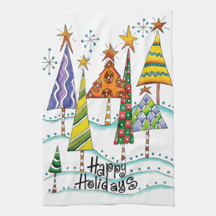 Happy Holidays! Cute Christmas Trees with Stars Tea Towel