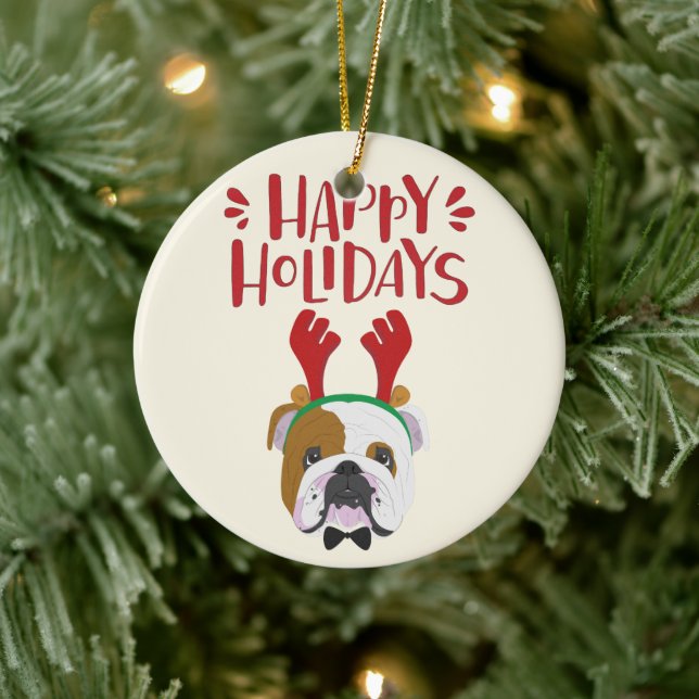 Happy Holidays - Cute English Bulldog Christmas Ceramic Ornament (Tree)