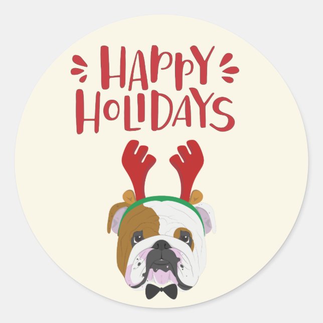 Happy Holidays - Cute English Bulldog Christmas Classic Round Sticker (Front)