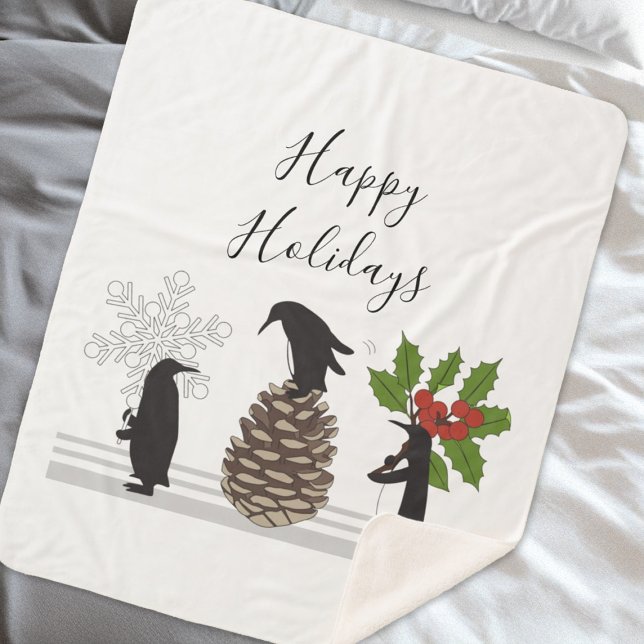 Happy Holidays Cute Funny Christmas Penguin Sherpa Blanket (Creator Uploaded)