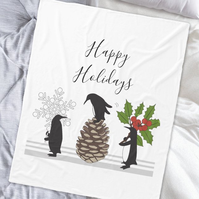 Happy Holidays Cute Funny Penguin Christmas Fleece Blanket (Creator Uploaded)
