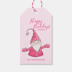 Happy Holidays Cute Gnome Pink Christmas Gift Tags