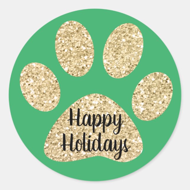 Happy Holidays Cute Gold Glitter Paw Print Green Classic Round Sticker (Front)