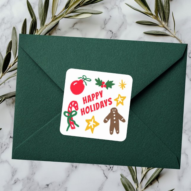 HAPPY HOLIDAYS Cute Hand-Drawn CUSTOM  Square Sticker (HAPPY HOLIDAYS Cute Hand-Drawn CUSTOM Square Sticker
)