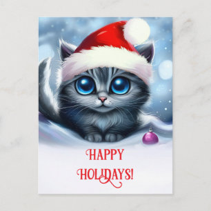 Happy Holidays Cute Kitten and Santa Hat Holiday Postcard