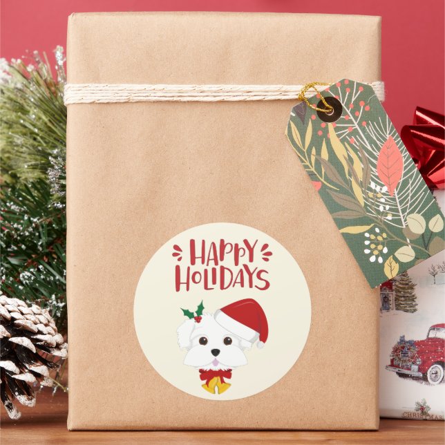 Happy Holidays - Cute Maltese Christmas Classic Round Sticker (Holiday)