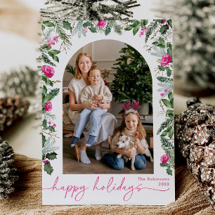 Happy Holidays Cute Pink and Green Botanical Arch Holiday Card