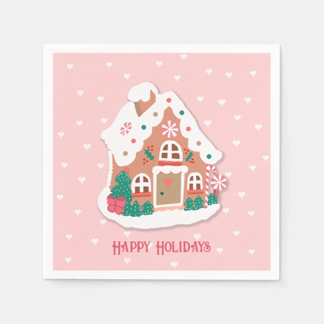 Happy Holidays Cute Pink Snowy Gingerbread House Napkin (Front)