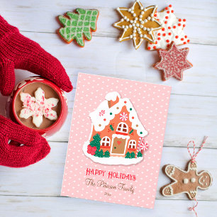 Happy Holidays Cute Pink Snowy Gingerbread House Postcard